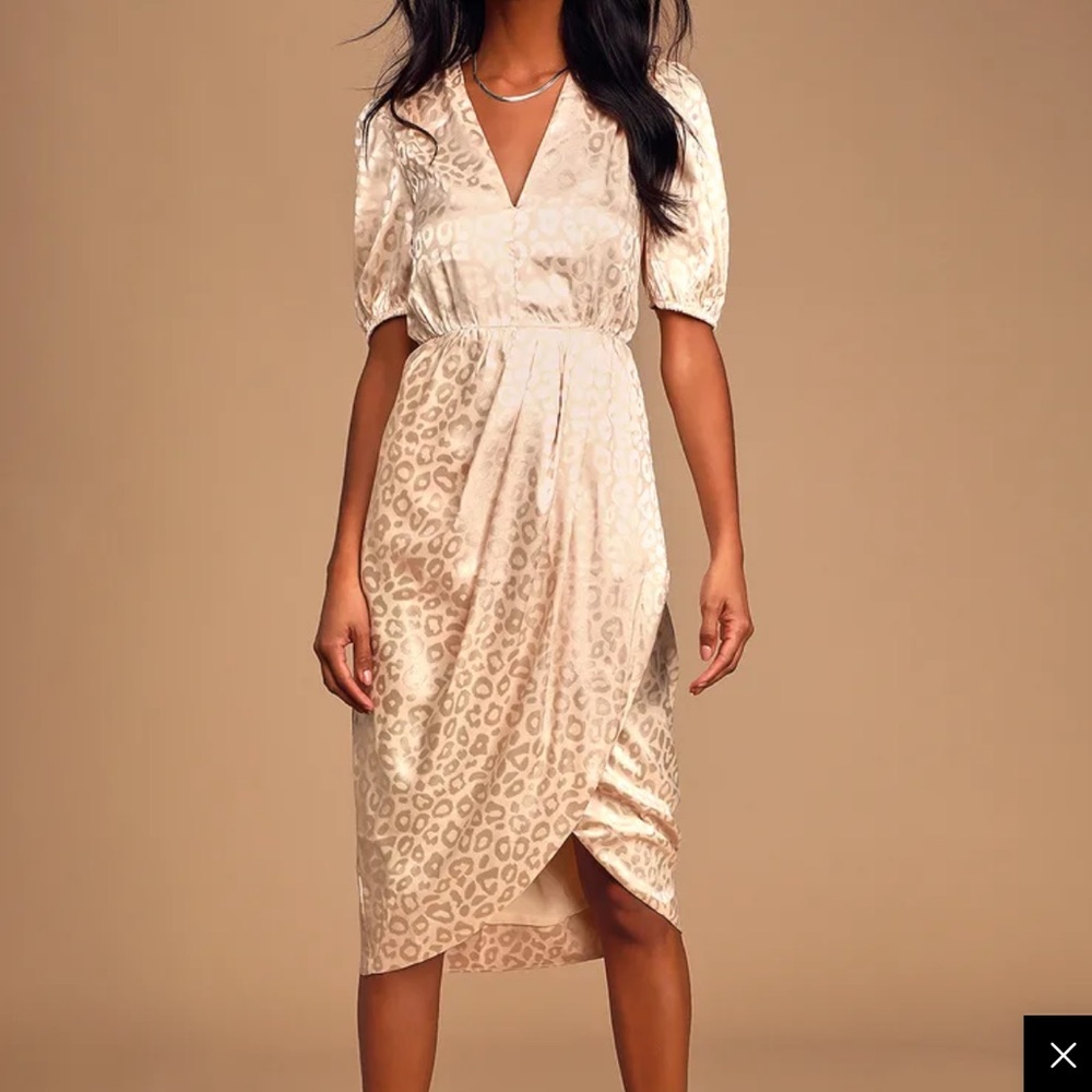 NWT Lulu’s Boldly You Cream Leopard Print Satin Puff Sleeve Midi Dress